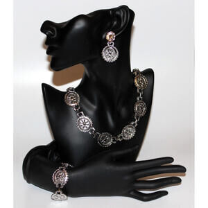 Vtg Mexican Sterling Silver Conch Rosette Necklace Bracelet Earrings Heavy 176g